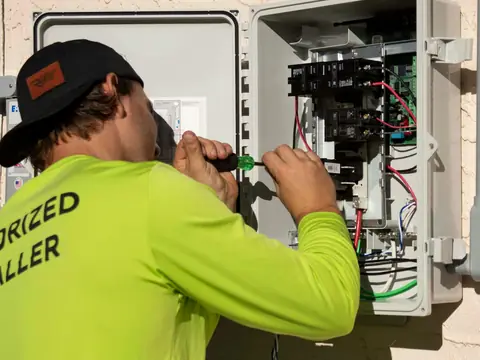 Elektriker arbetar i ett öppnat mätarskåp på en husfasad