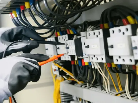 Elektriker mäter i en elcentral med en spänningsprovare