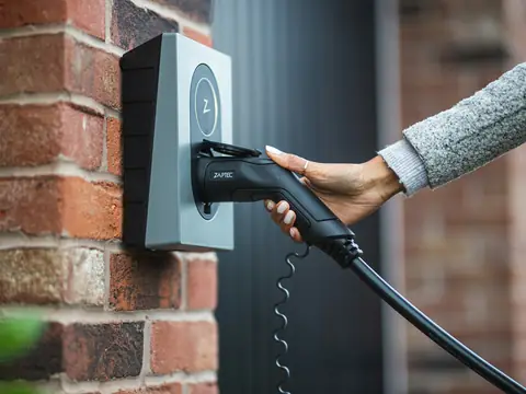 En hand kopplar in laddkabeln i en väggmonterad laddbox